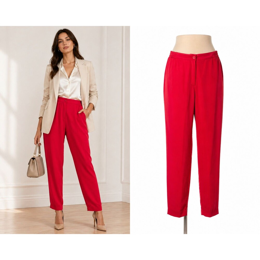 Pat Argenti 100% Silk Red Trousers Womens Size 14 High Rise Elastic Waist Dress